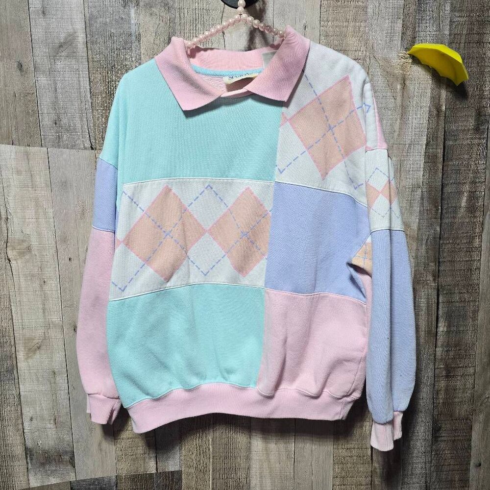 American Sportif Vintage Pastel Argyle Patchwork Fleece Sweatshirt Large Preppy